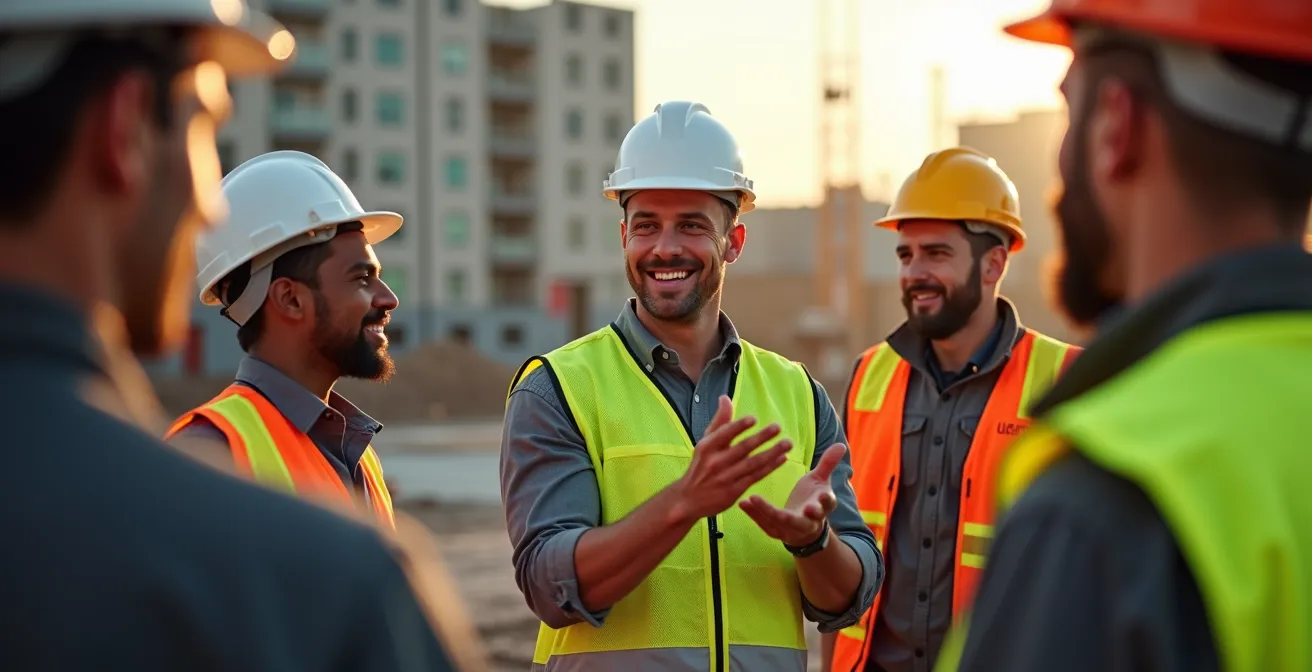 Équipe de chantier engagée dans une session interactive de sécurité