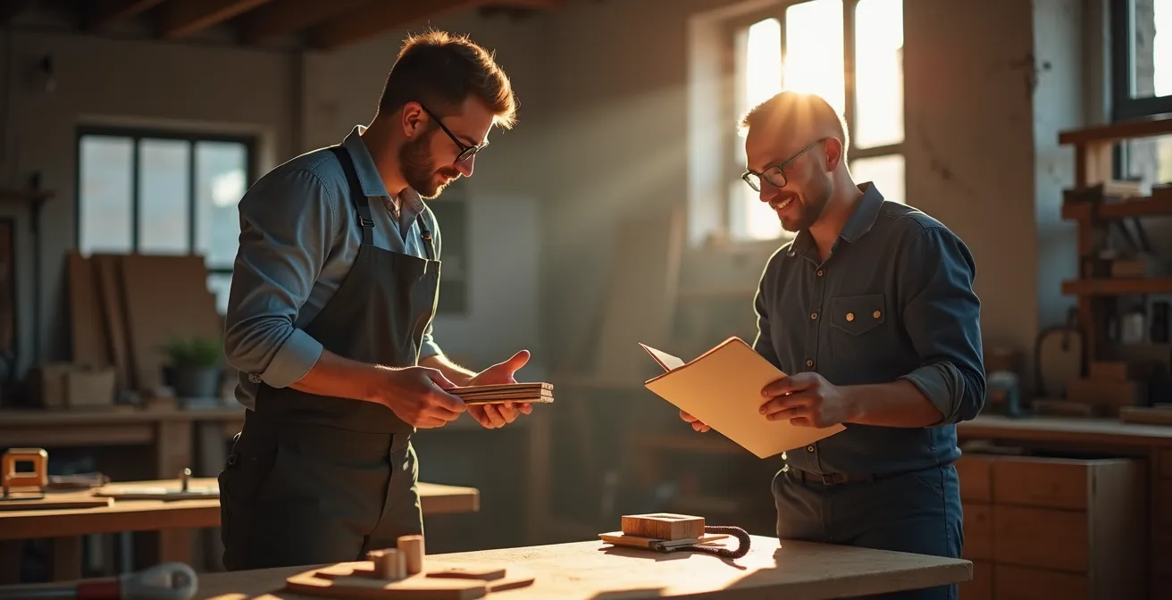 Jeune candidat apprenti présentant sa motivation à un artisan du BTP dans un atelier