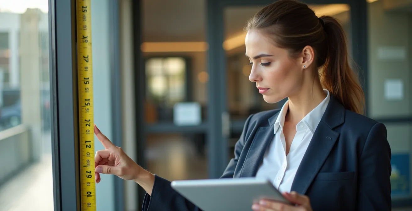 Architecte examinant l'entrée d'un bâtiment avec mesures d'accessibilité visibles