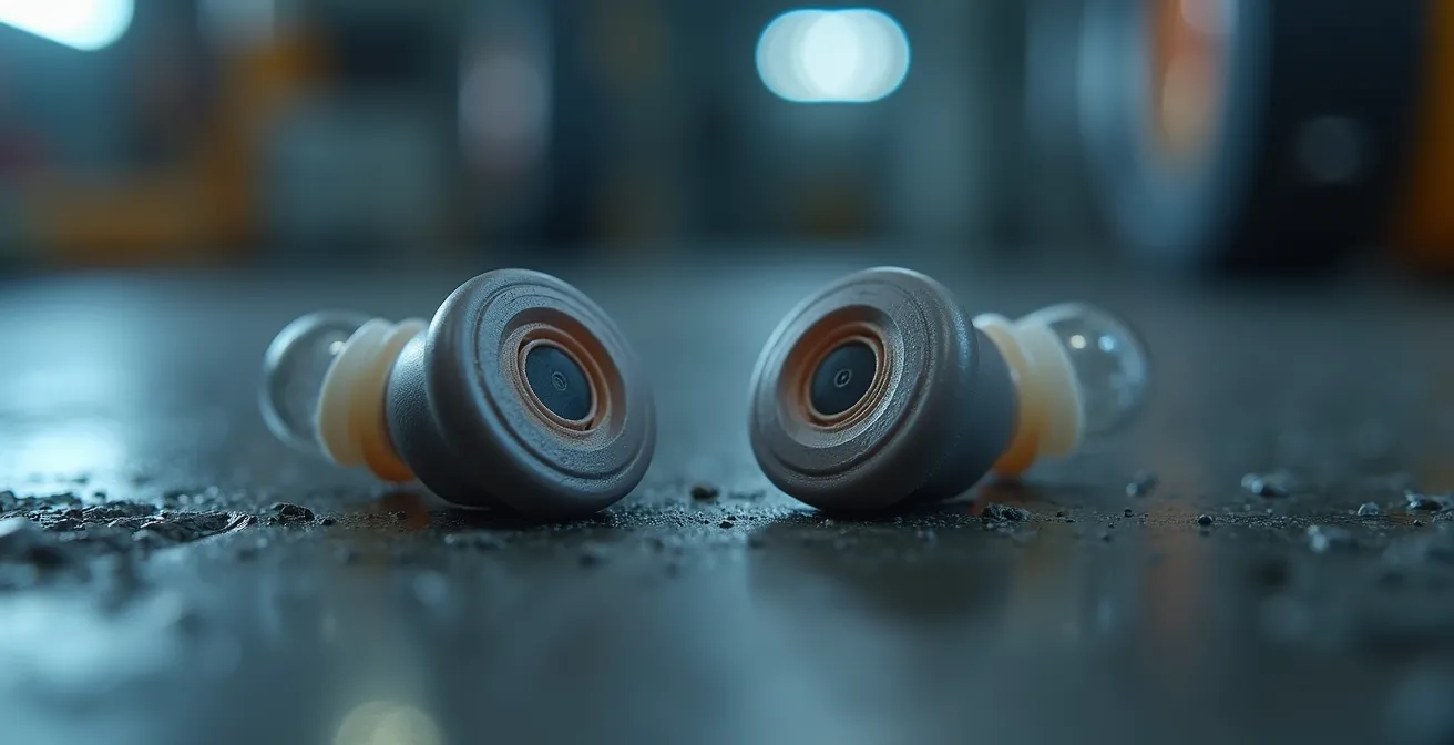 Gros plan sur des bouchons d'oreilles moulés sur mesure avec leurs filtres acoustiques