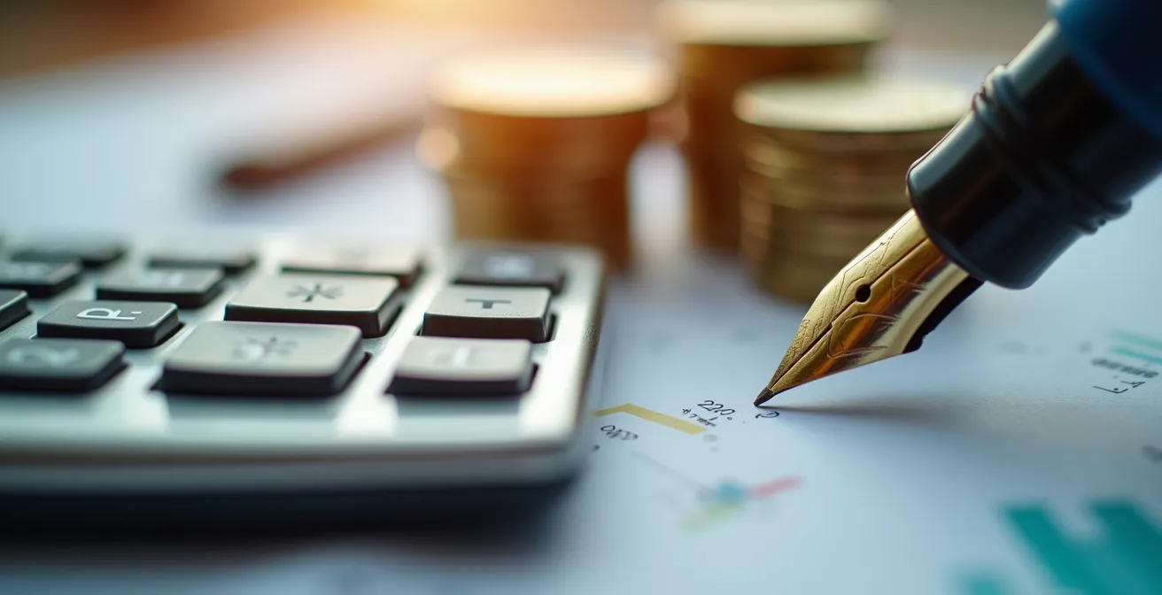 Vue macro de documents financiers avec calculatrice et stylo, mise au point sélective sur les chiffres