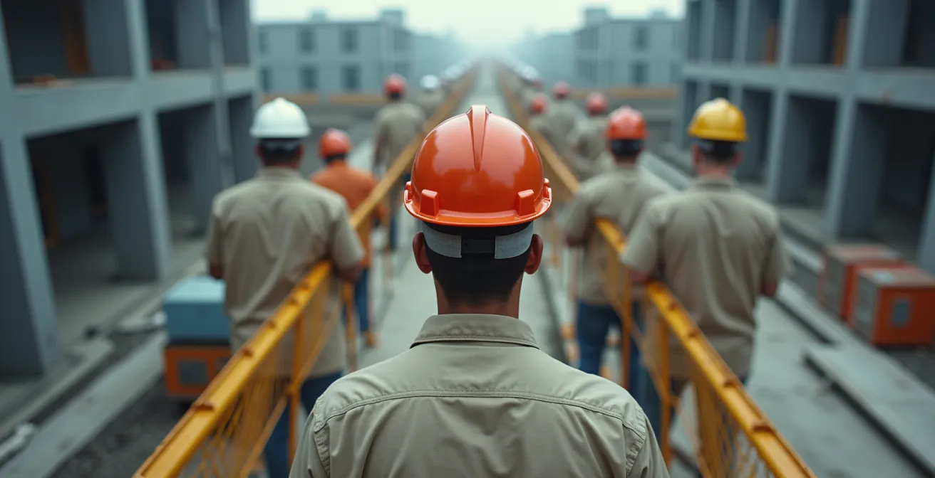 Vue d'ensemble d'un chantier avec travailleurs portant des casques de différentes couleurs selon leurs fonctions