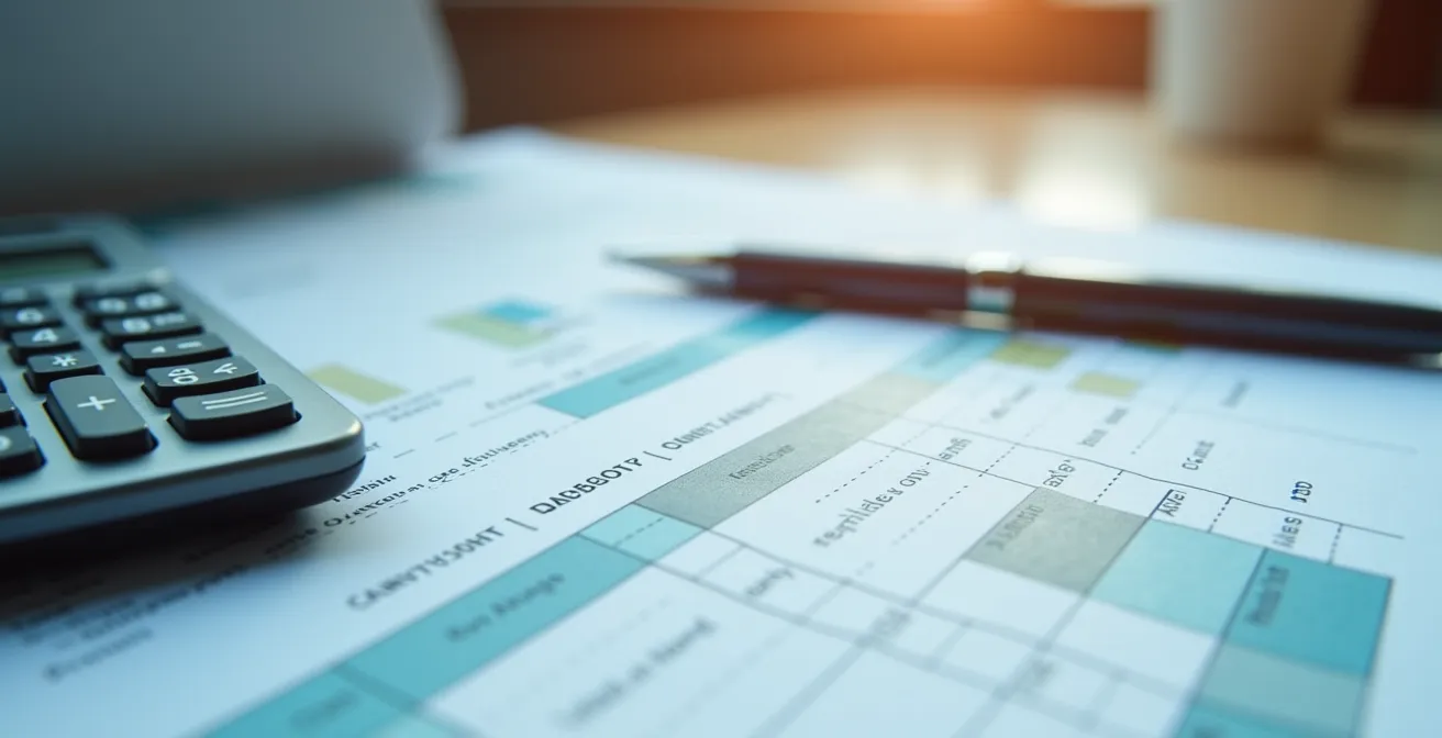 Vue macro de documents tarifaires avec calculatrice et stylo professionnel