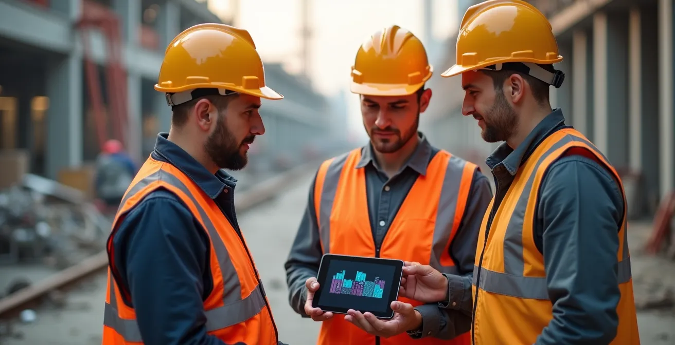 Ouvriers du chantier consultant un planning visuel simplifié sur tablette