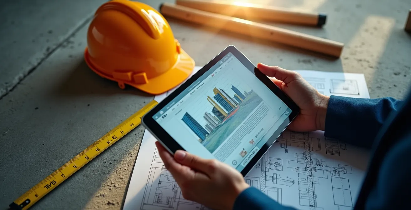 Documentation photographique sur chantier avec tablette et plans