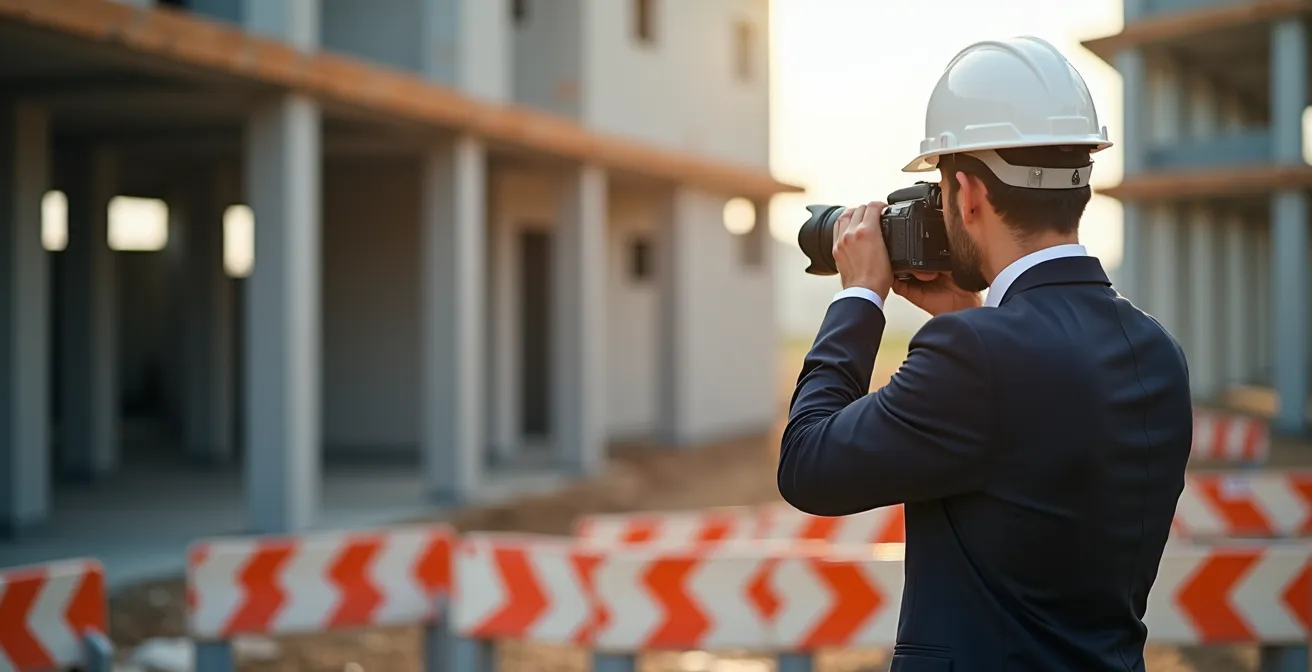 Huissier documentant l'état d'avancement d'un chantier avec matériel photo professionnel