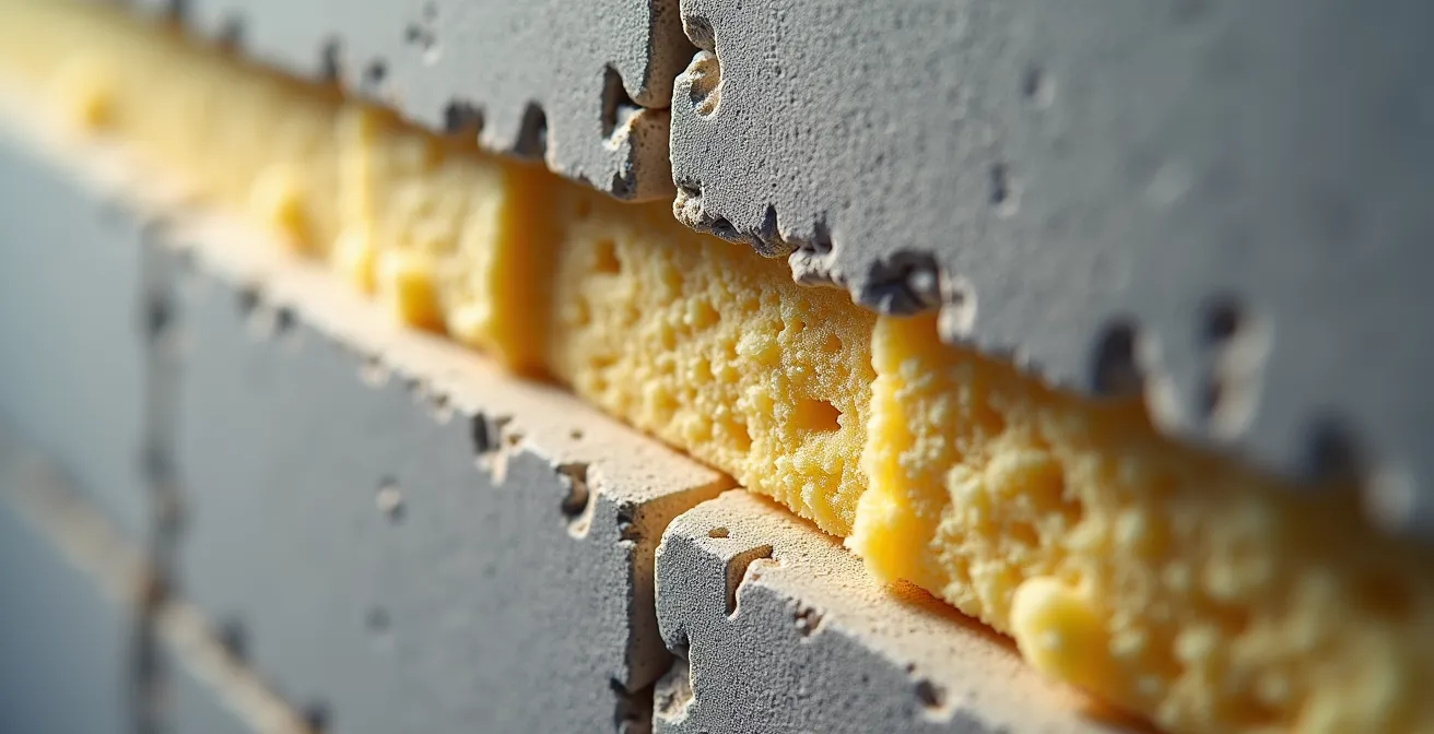 Vue en coupe d'un mur parpaing avec différentes épaisseurs d'isolation pour la RE2020