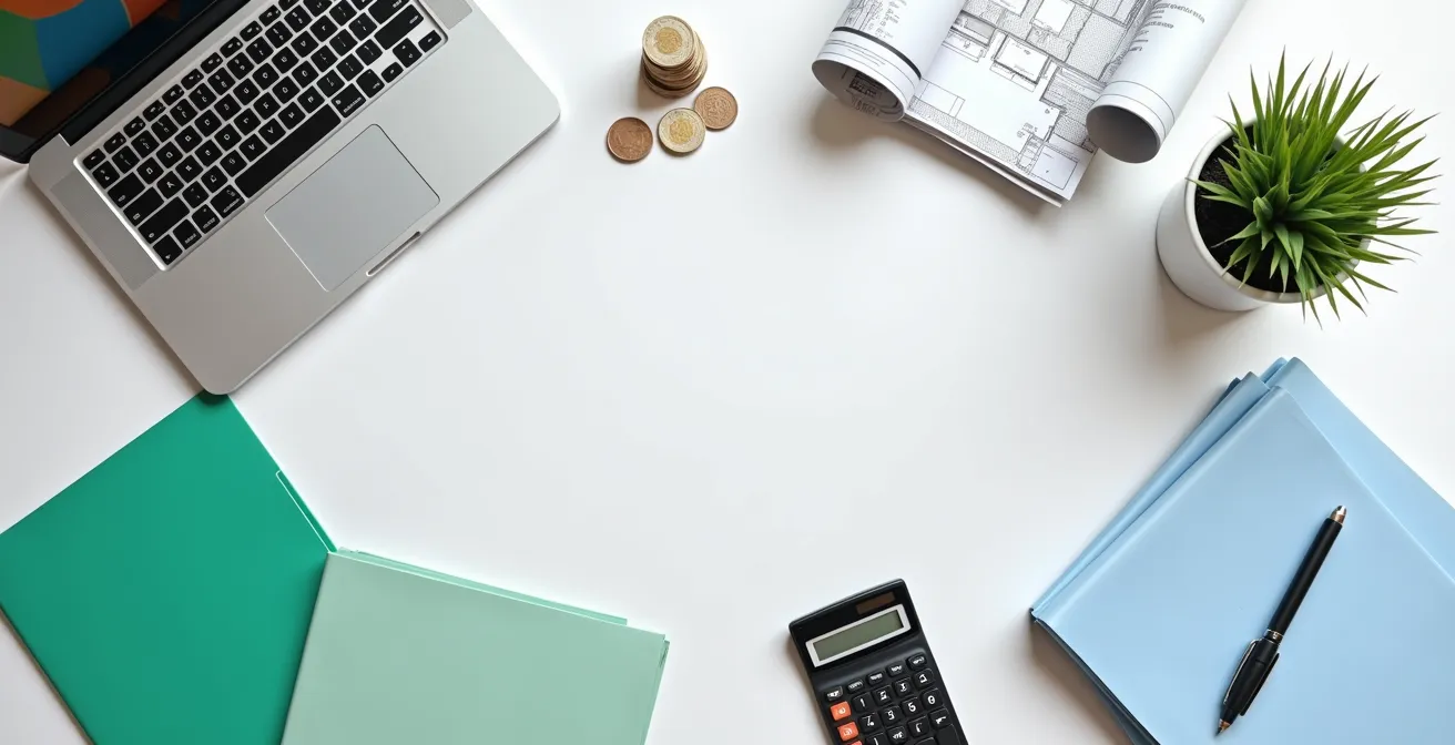 Bureau avec calculatrice, documents d'aides à la rénovation et ordinateur affichant des graphiques