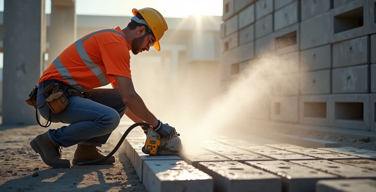 Technique de découpe de parpaing avec système d'arrosage pour réduire la poussière sur chantier