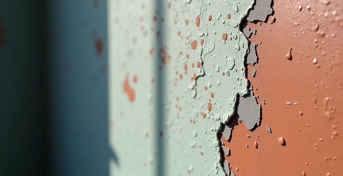 Gros plan macro sur une surface murale montrant des cloques et fissures de peinture