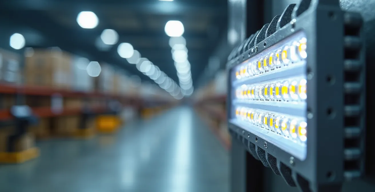 Système d'éclairage LED intelligent avec détecteurs de présence dans les allées d'un entrepôt