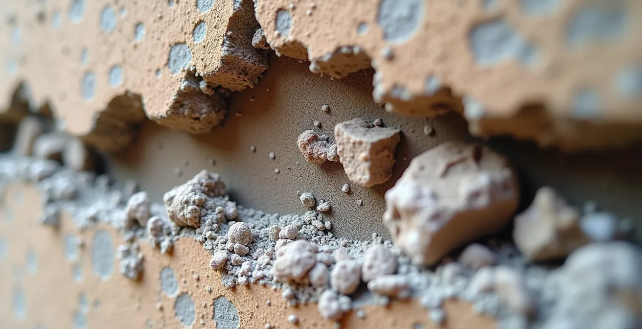 Détail macro de la dégradation du pisé sous enduit ciment avec zones d'humidité