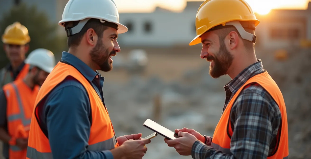Chef de chantier et client en discussion constructive sur site avec tablette numérique pour saisie des retours