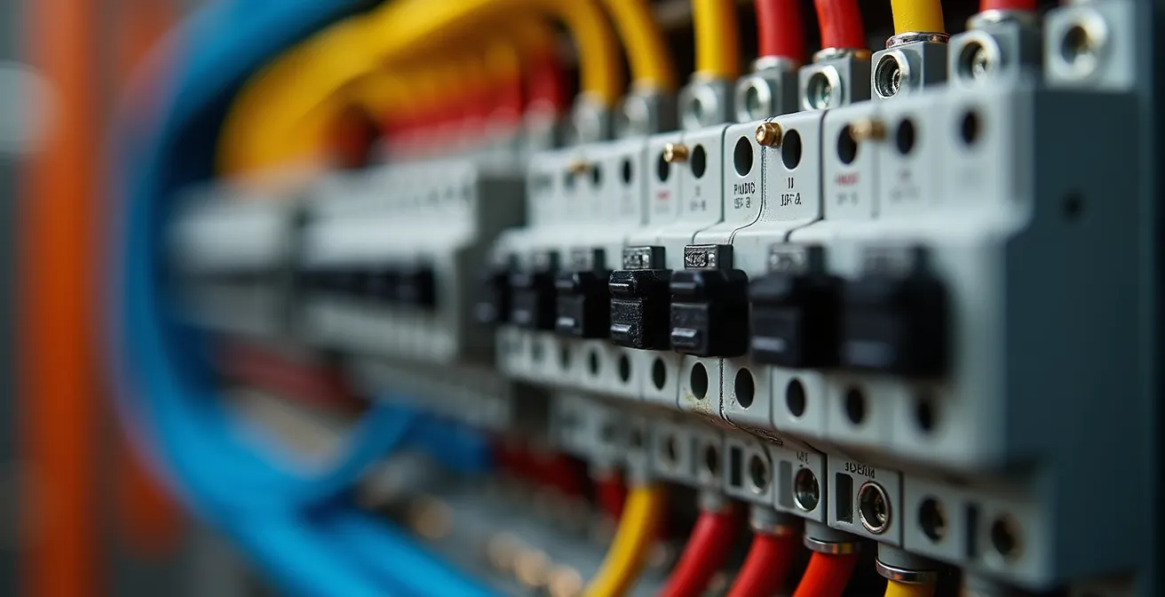 Vue macro d'un tableau électrique triphasé montrant l'équilibrage des phases pour une borne de recharge