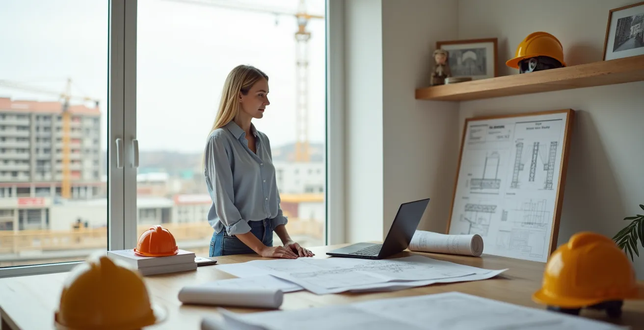 Femme ingénieure BTP en télétravail hybride avec plans de chantier