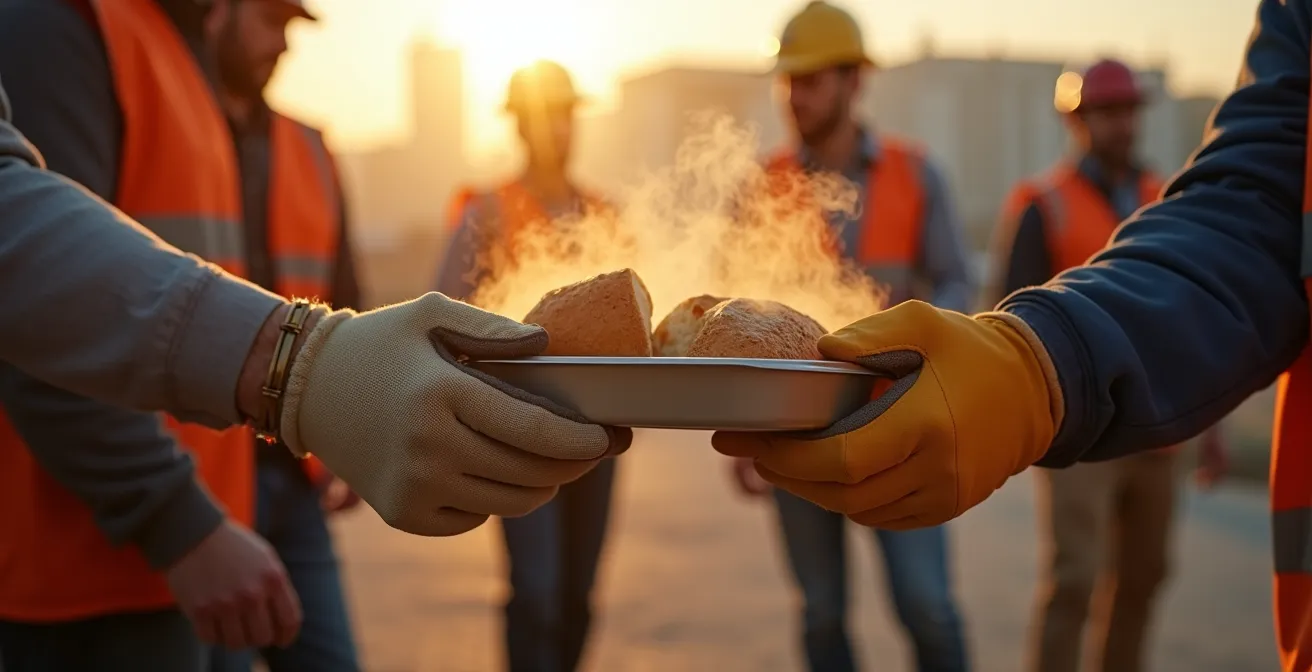 Équipe BTP partageant un repas convivial dans un espace de restauration de chantier