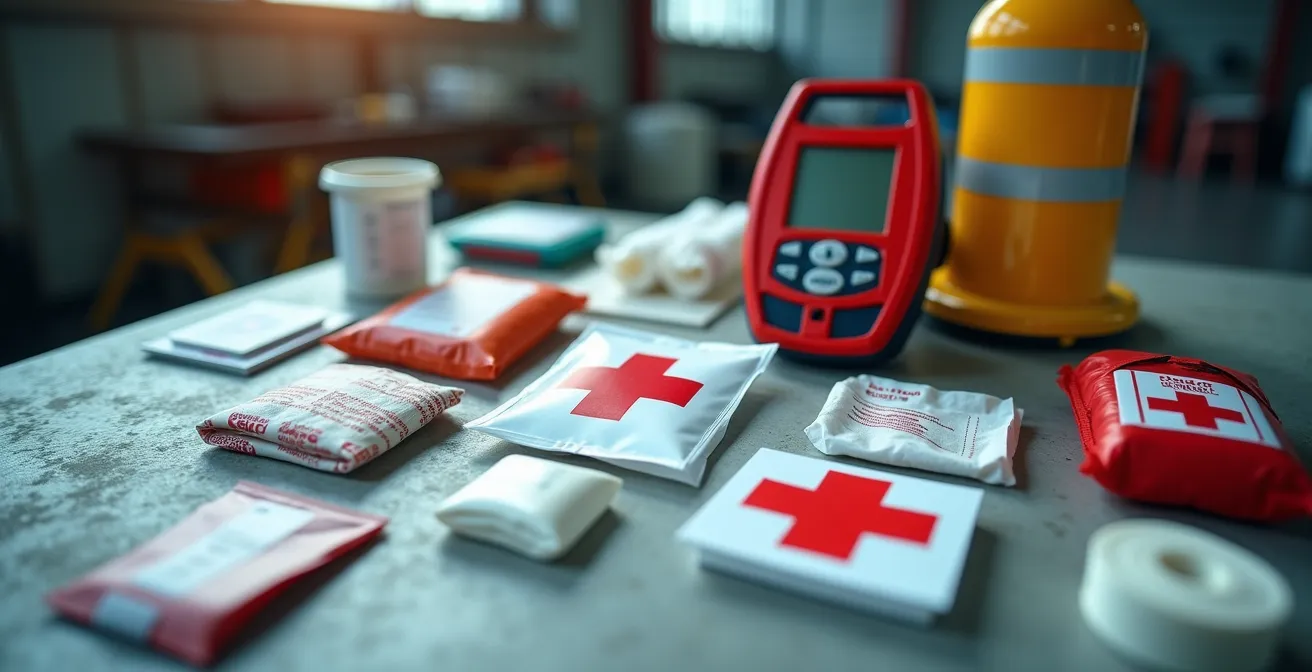 Kit d'équipement SST professionnel avec défibrillateur et matériel d'urgence organisé