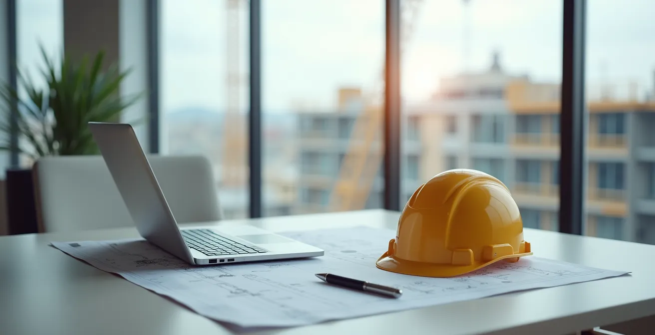 Bureau moderne avec plans de construction et vue sur chantier