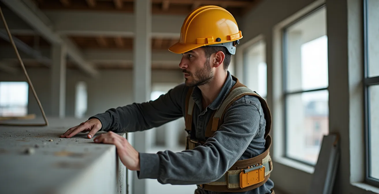 Ouvrier du bâtiment portant un exosquelette passif pour soulager le dos lors de travaux de manutention