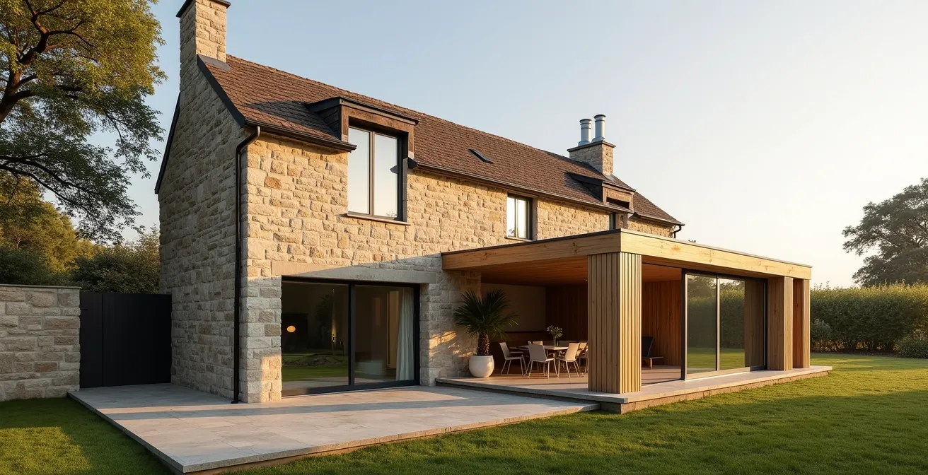 Vue extérieure d'une extension moderne sur maison ancienne en pierre