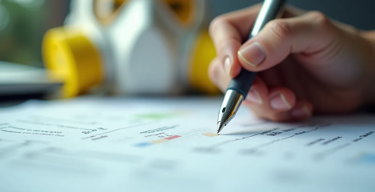 Main remplissant une fiche d'exposition avec équipements de protection en arrière-plan