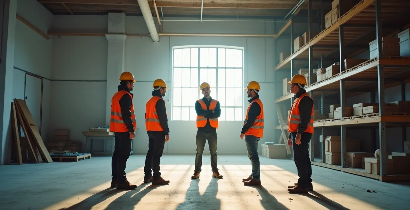 Formateur montrant des gestes techniques à un groupe d'apprentis sur un chantier