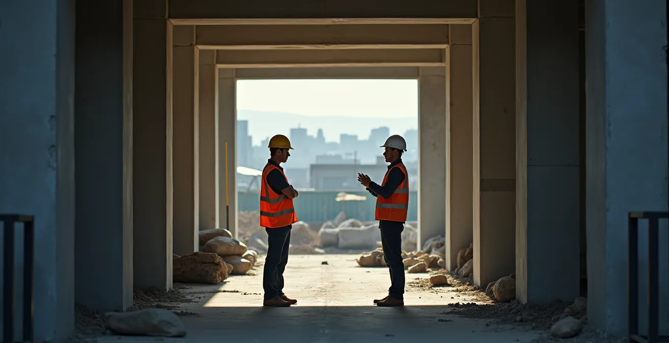 Manager de chantier en discussion individuelle constructive avec un ouvrier dans un environnement de chantier