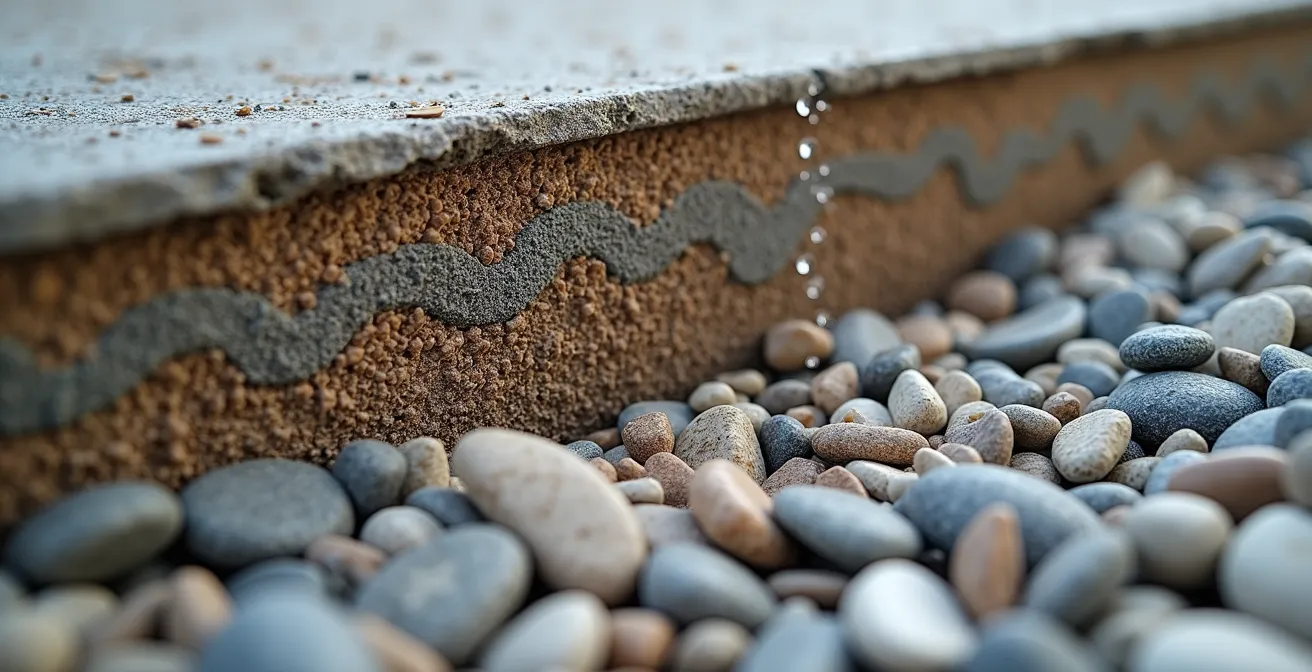 Coupe transversale d'un hérisson drainant montrant les différentes couches de granulats