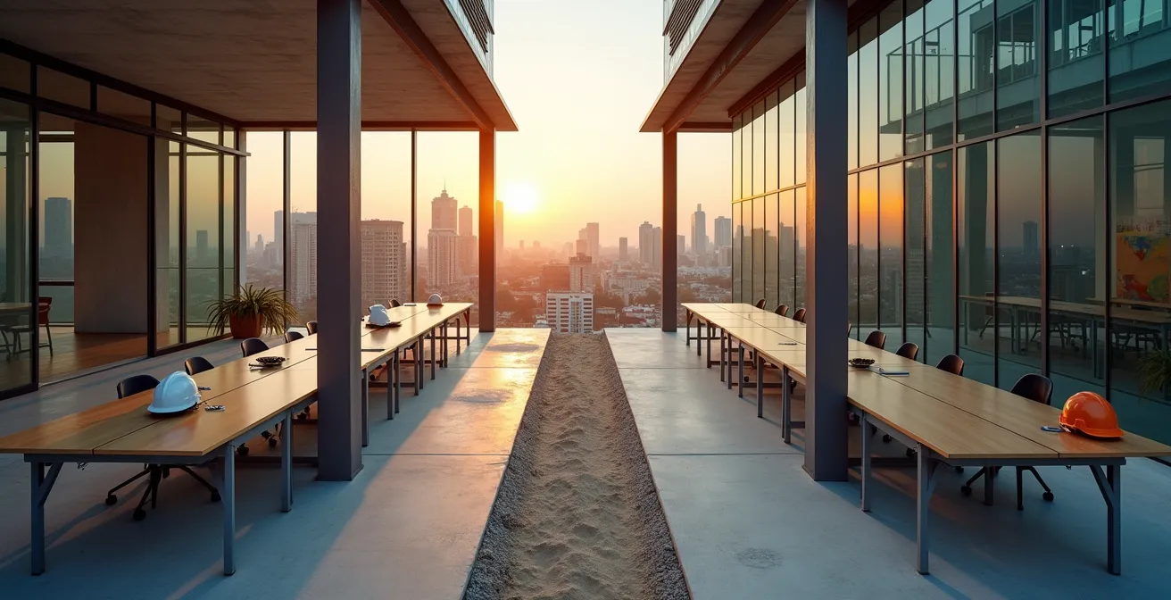 Vue en plongée montrant un ingénieur entre chantier et bureau d'études, symbolisant l'évolution de carrière.