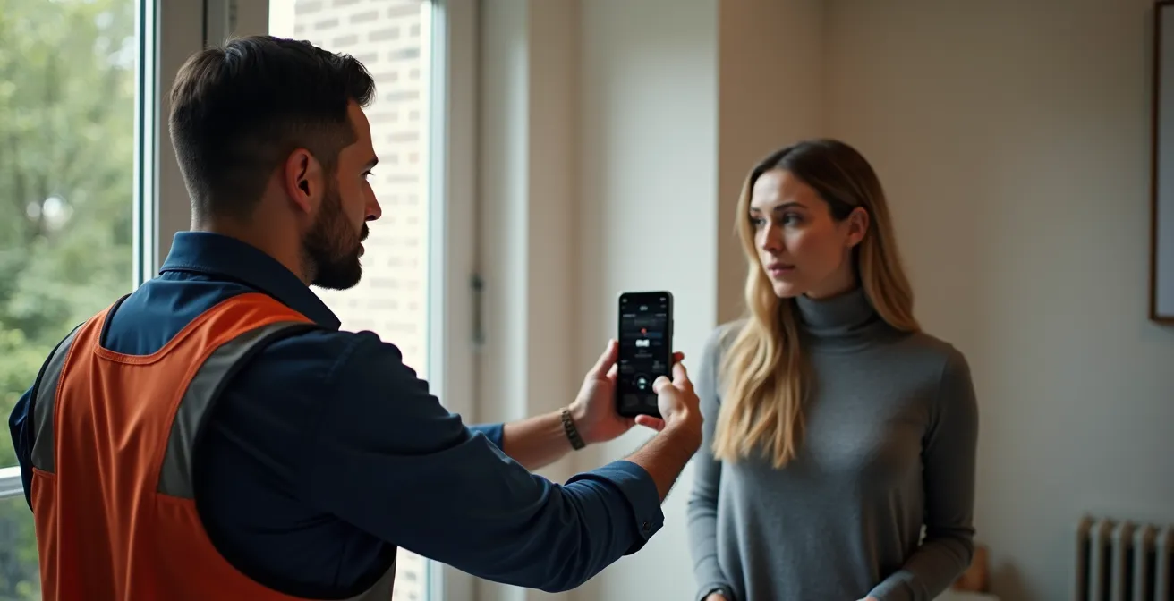 Professionnel montrant des données d'économies d'énergie à un client dans un intérieur moderne
