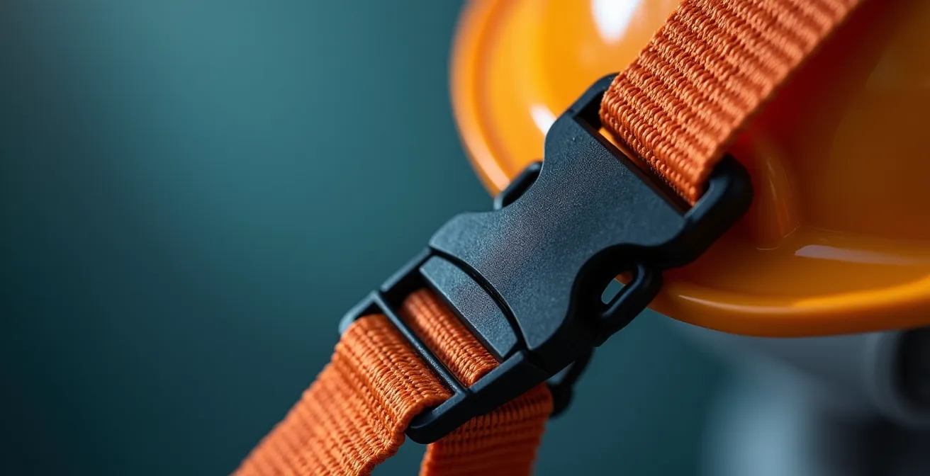 Gros plan sur système de jugulaire 4 points d'un casque de chantier montrant la répartition des forces