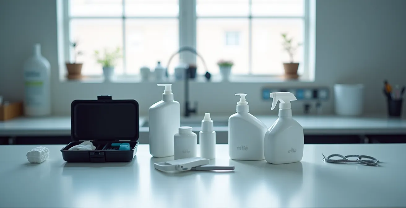 Kit d'hygiène pour protections auditives avec boîte de rangement et produits d'entretien