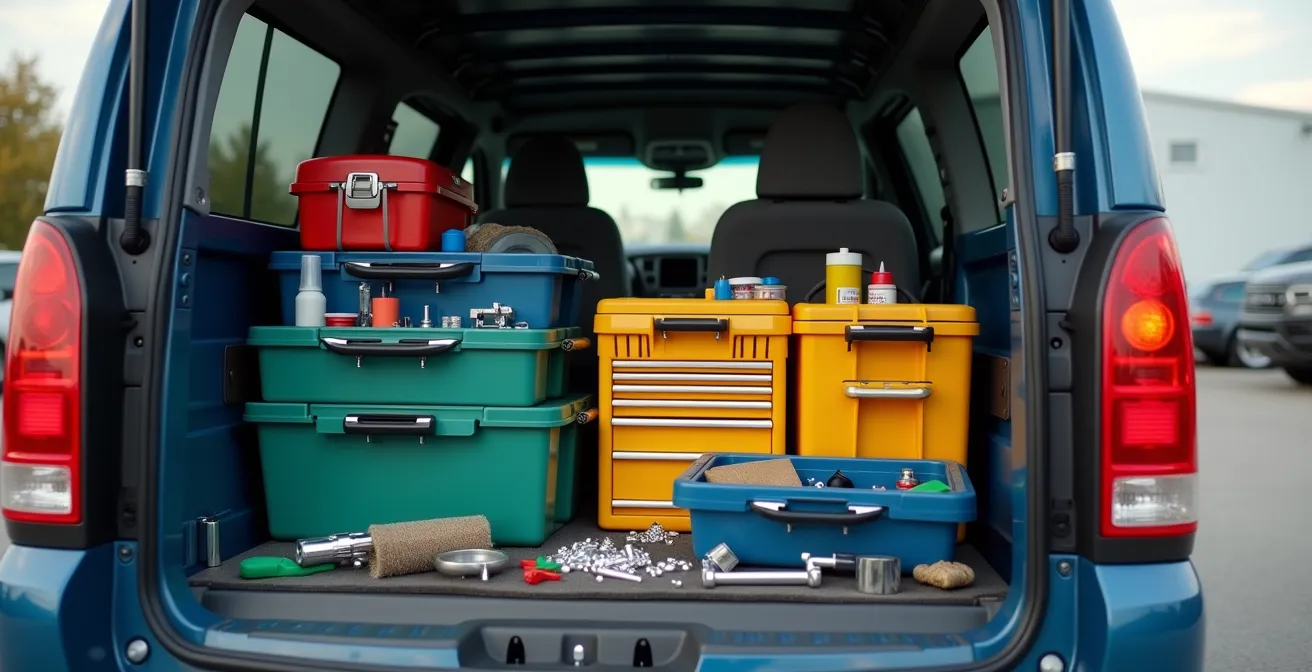 Coffre de véhicule professionnel organisé avec kit de levée de réserves