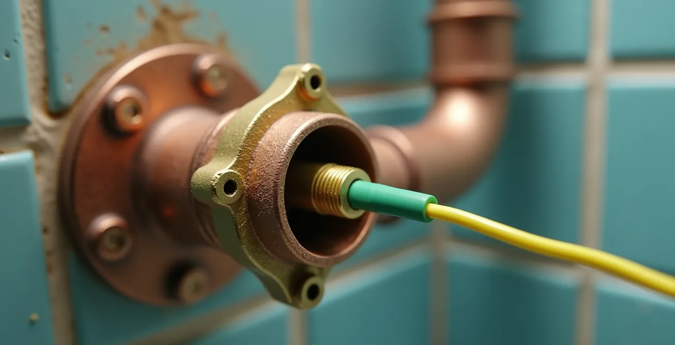 Gros plan sur une connexion de liaison équipotentielle sur tuyauterie cuivre dans une salle de bain