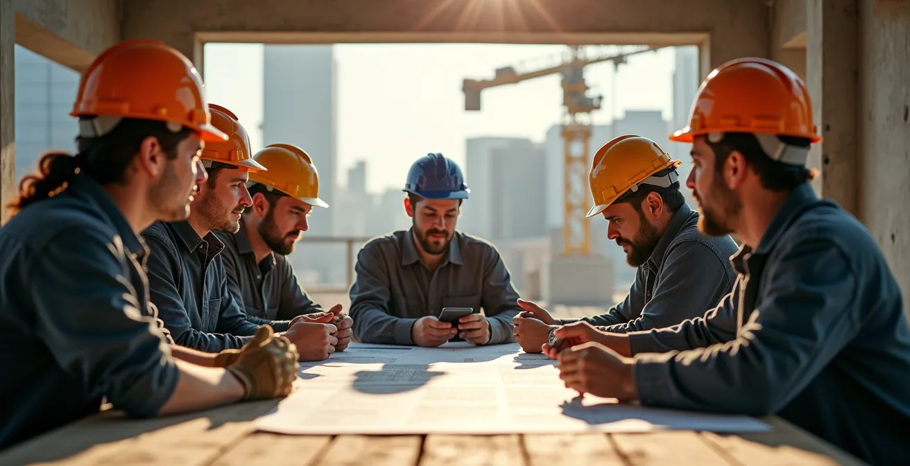 Plusieurs ouvriers de différents corps de métiers autour d'une table de planning sur chantier