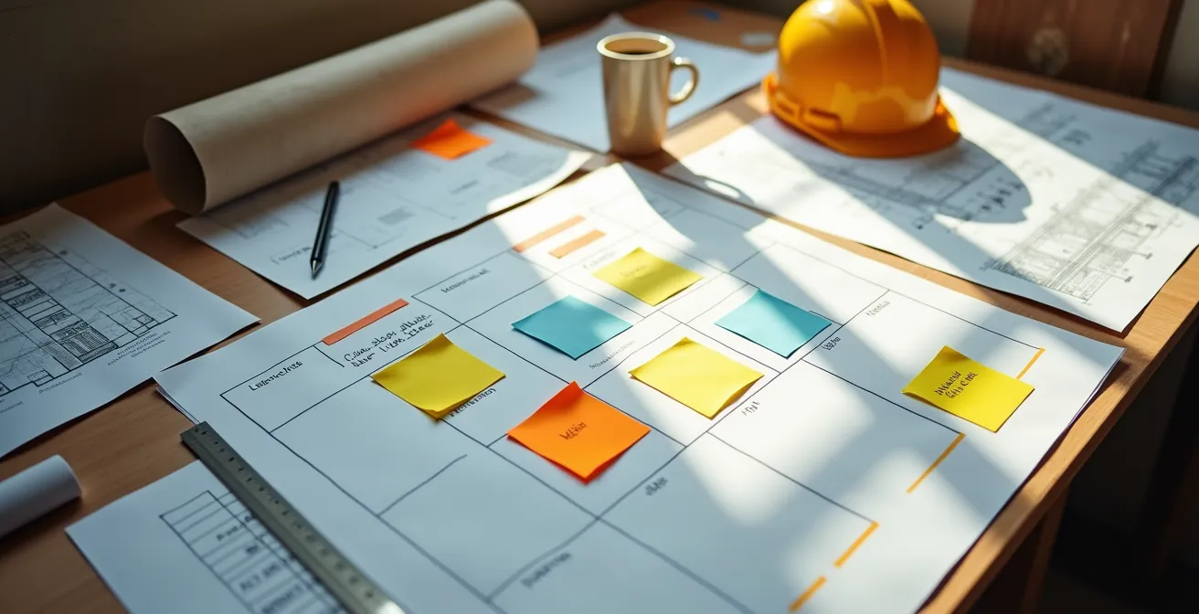 Tableau de planification avec post-its colorés sur bureau de chantier