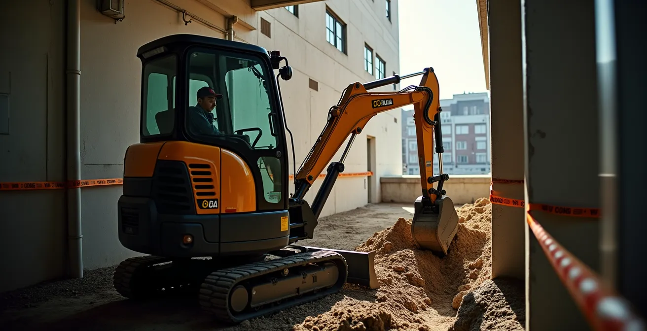 Mini-pelle à rotation zéro tail travaillant le long d'un mur en milieu urbain