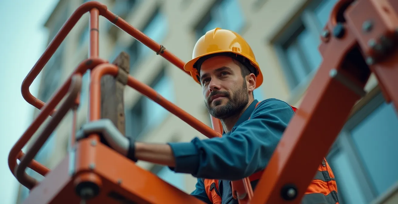Nacelle articulée contournant un obstacle architectural pour accéder à une gouttière