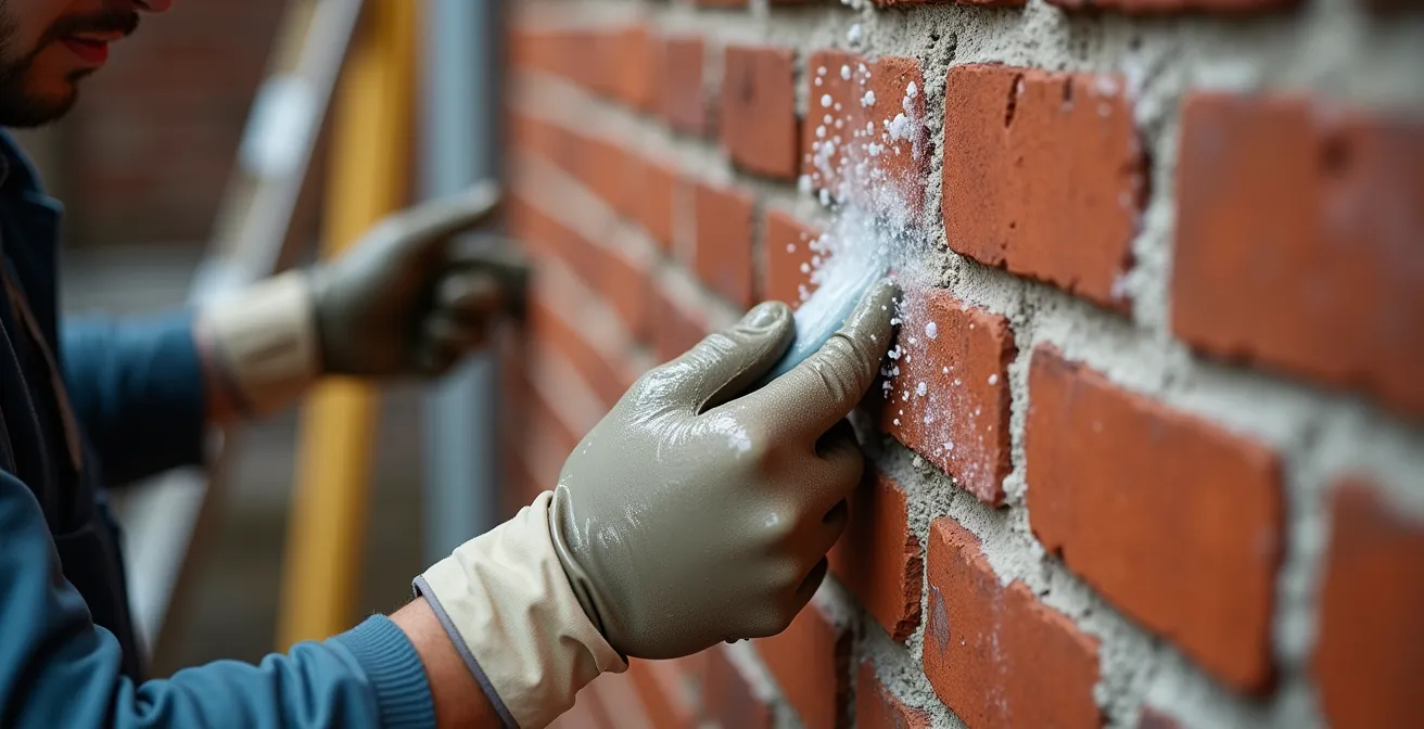 Mur de briques en cours de nettoyage professionnel avec équipement adapté