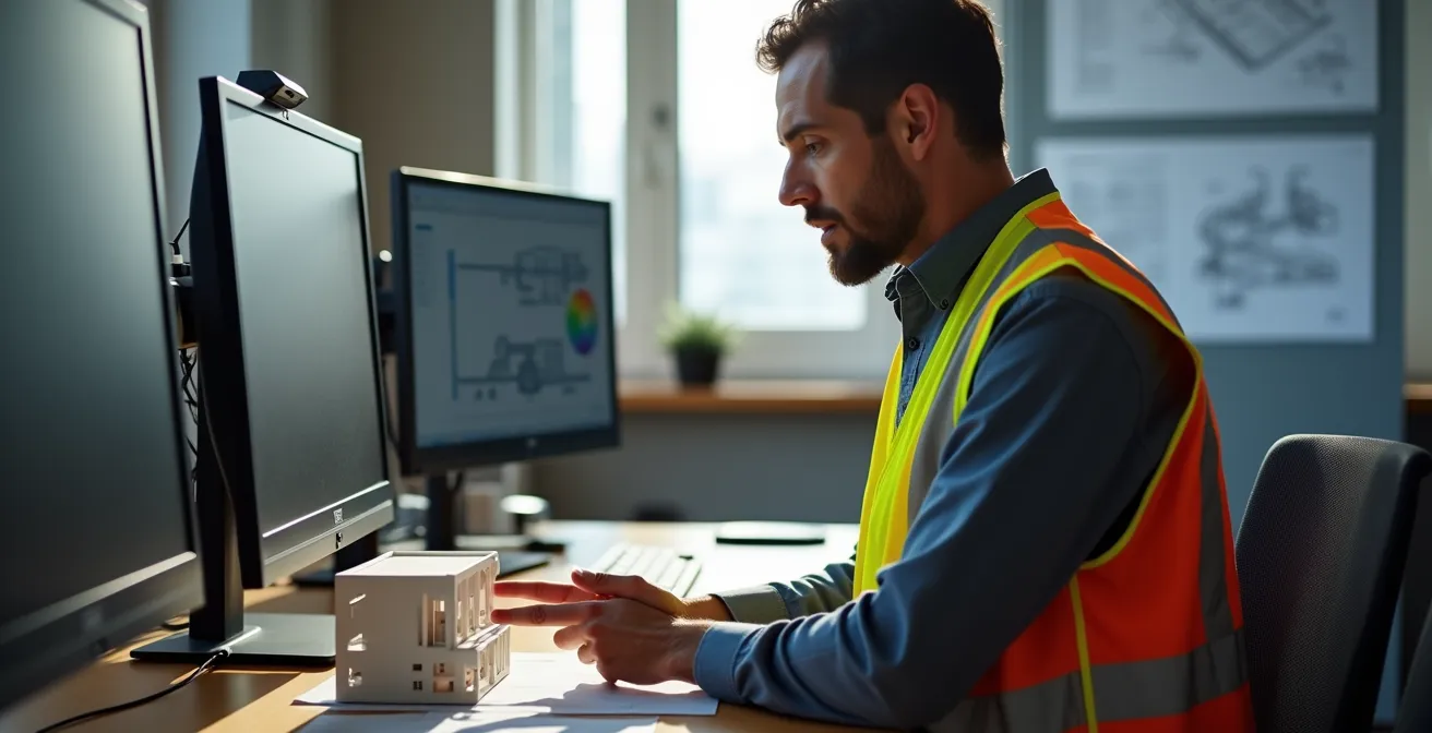 Professionnel du BTP analysant une maquette numérique sur plusieurs écrans vus de profil