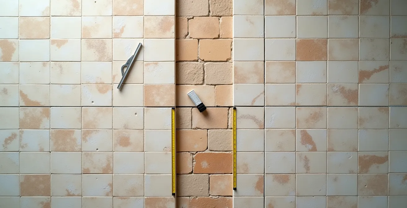Vue aérienne d'un sol avec calepinage de carrelage en cours de pose
