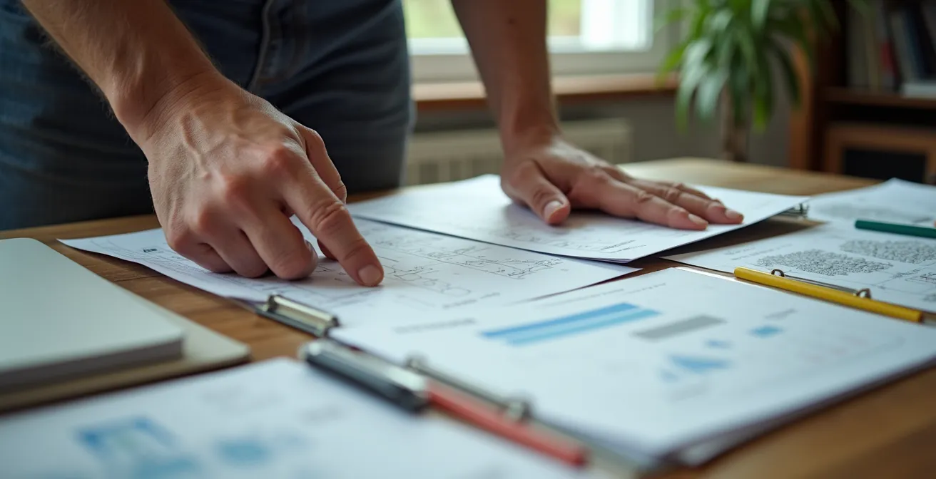 Mains professionnelles organisant un portfolio de documents techniques sur une table de travail