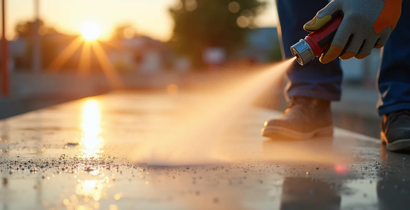 Application d'un produit de cure sur dalle béton fraîche par temps chaud