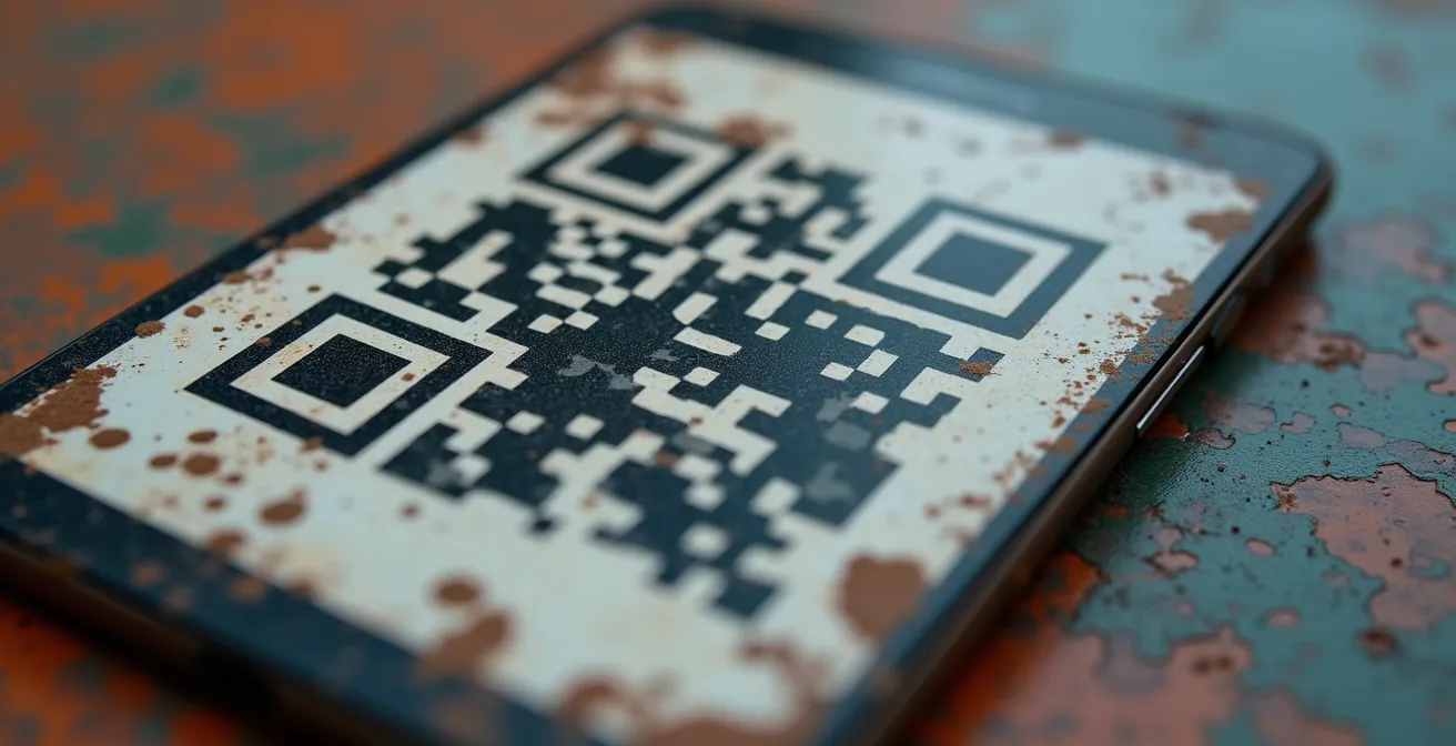 QR code affiché sur panneau de chantier avec smartphone en train de scanner