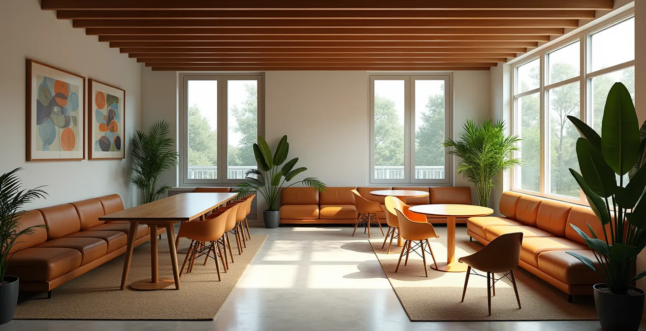 Salle de pause moderne avec aménagement favorisant les interactions