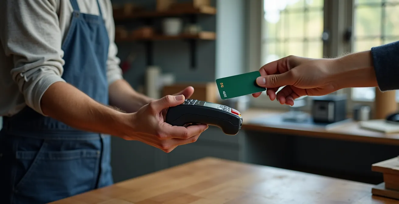 Professionnel utilisant un terminal de paiement mobile sur chantier