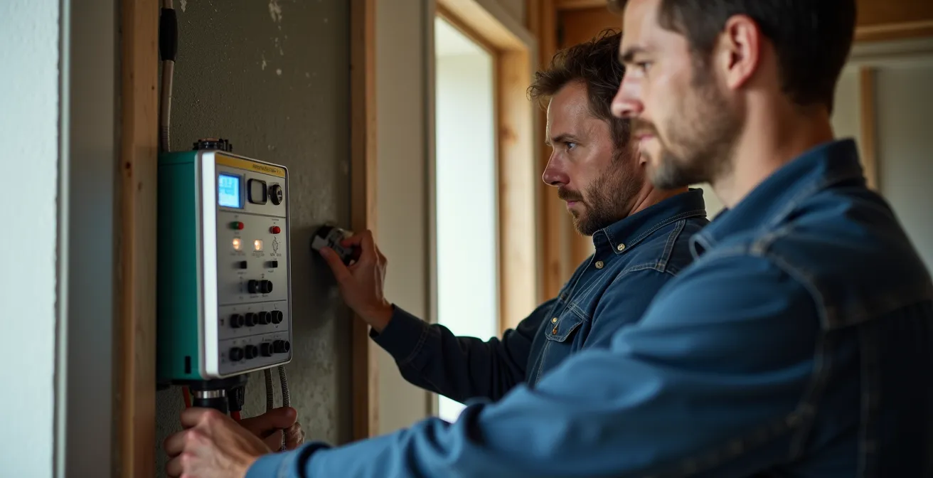 Technicien effectuant un test d'étanchéité à l'air avec équipement de mesure professionnel