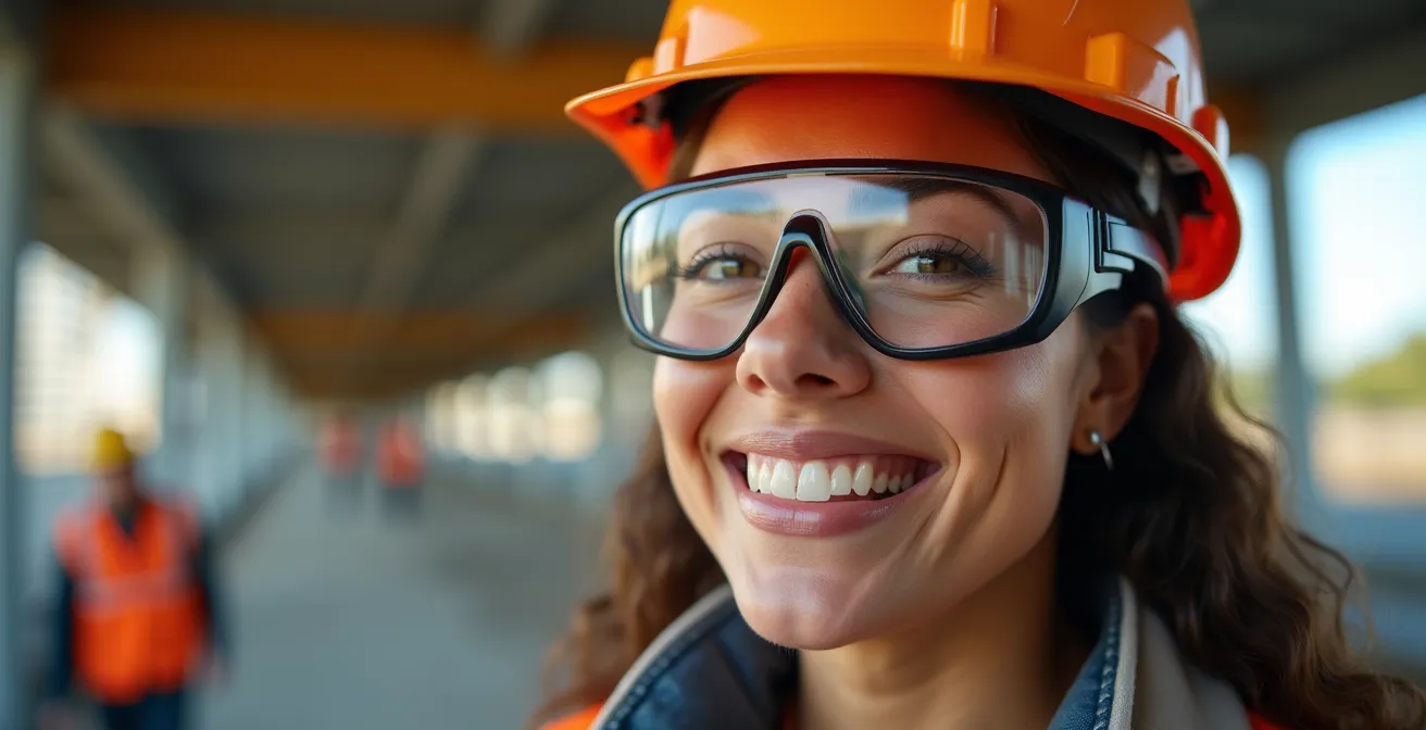 Portrait d'un travailleur du BTP portant fièrement ses équipements de protection