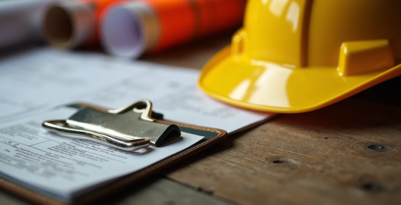 Documents d'assurance et casque de chantier sur table de travail BTP