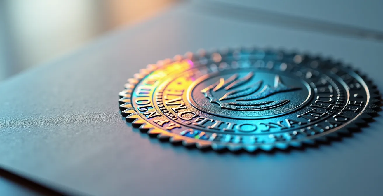 Vue macro détaillée d'un certificat professionnel avec hologramme de sécurité
